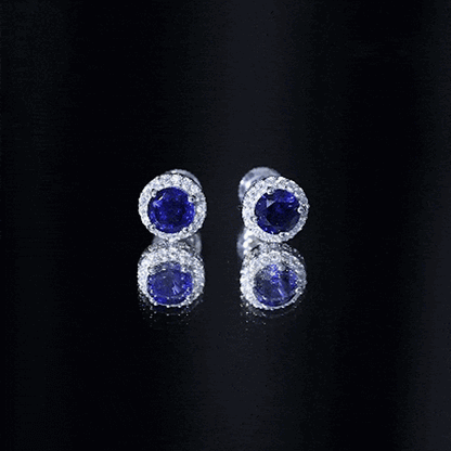 Round Lab Grown Blue Sapphire Stud Earrings With Moissanite Halo