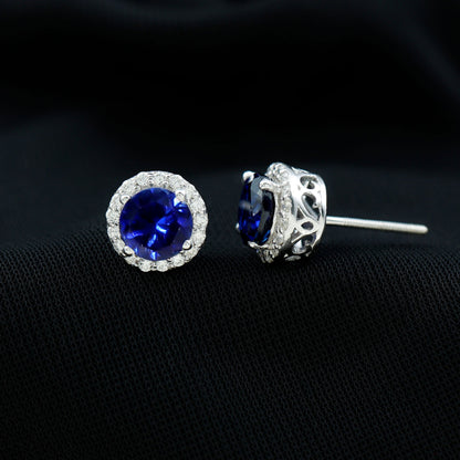 Round Lab Grown Blue Sapphire Stud Earrings With Moissanite Halo