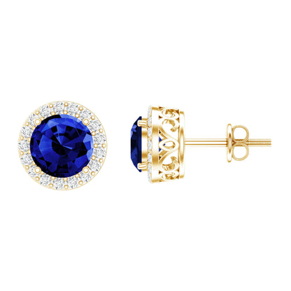 Round Lab Grown Blue Sapphire Stud Earrings With Moissanite Halo