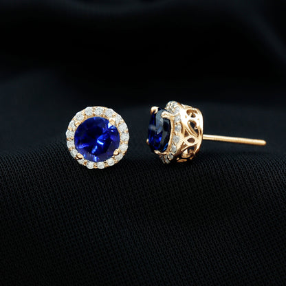 Round Lab Grown Blue Sapphire Stud Earrings With Moissanite Halo