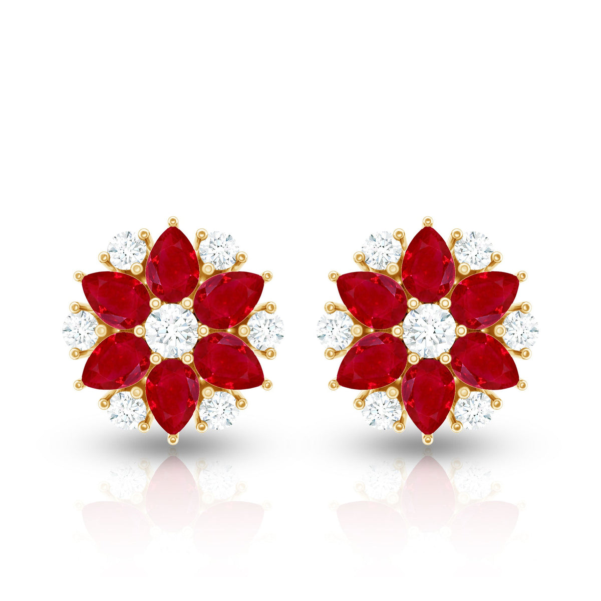 Pear Cut Ruby and Diamond Vintage Flower Earrings