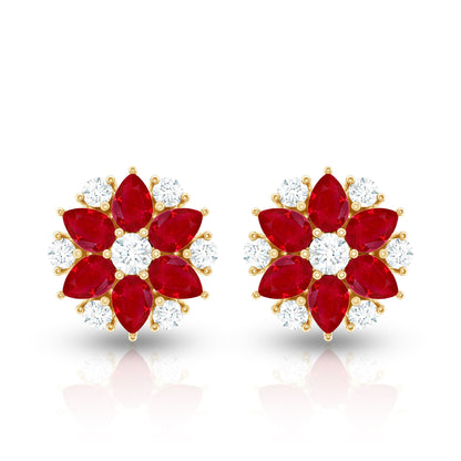 Pear Cut Ruby and Diamond Vintage Flower Earrings