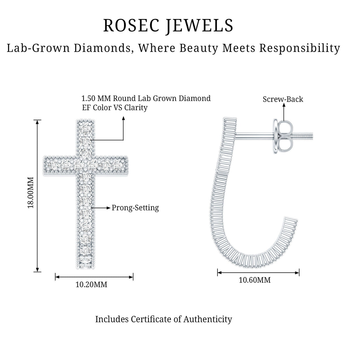 Lab Grown Diamond Religious Cross Earrings with Screw back