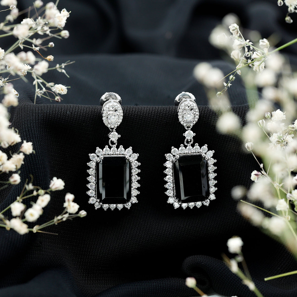 18 Carat Emerald Cut Lab Grown Black Diamond Statement Earrings in Silver