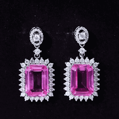 18 Carat Emerald Cut Lab Grown Pink Sapphire Statement Earrings for Wedding