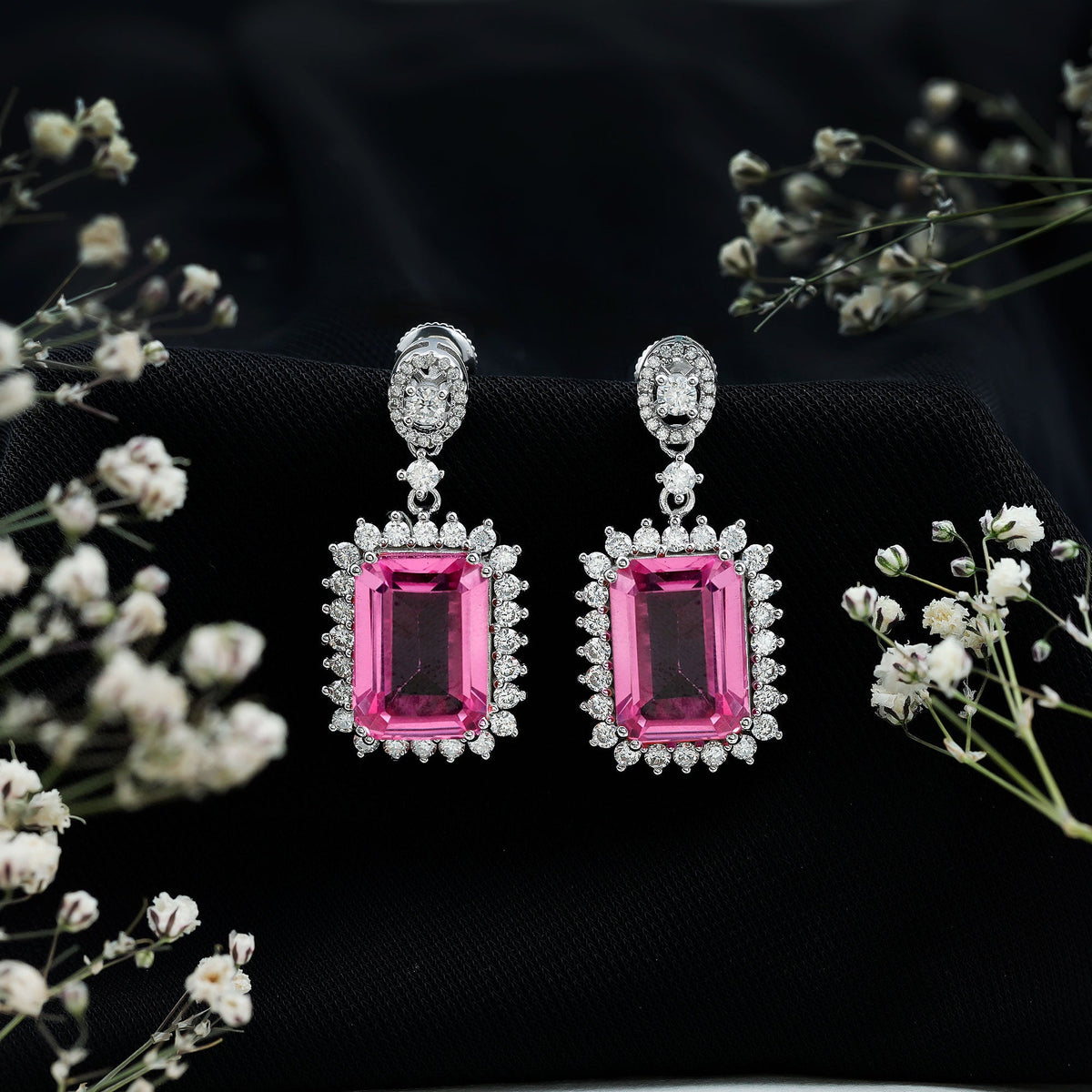 18 Carat Emerald Cut Lab Grown Pink Sapphire Statement Earrings for Wedding