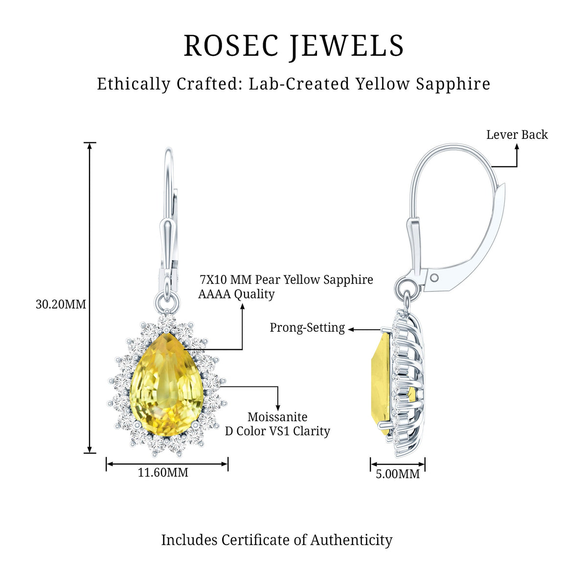 5 Carat Lab Grown Yellow Sapphire Dangle Earrings for Women with Leverbacks