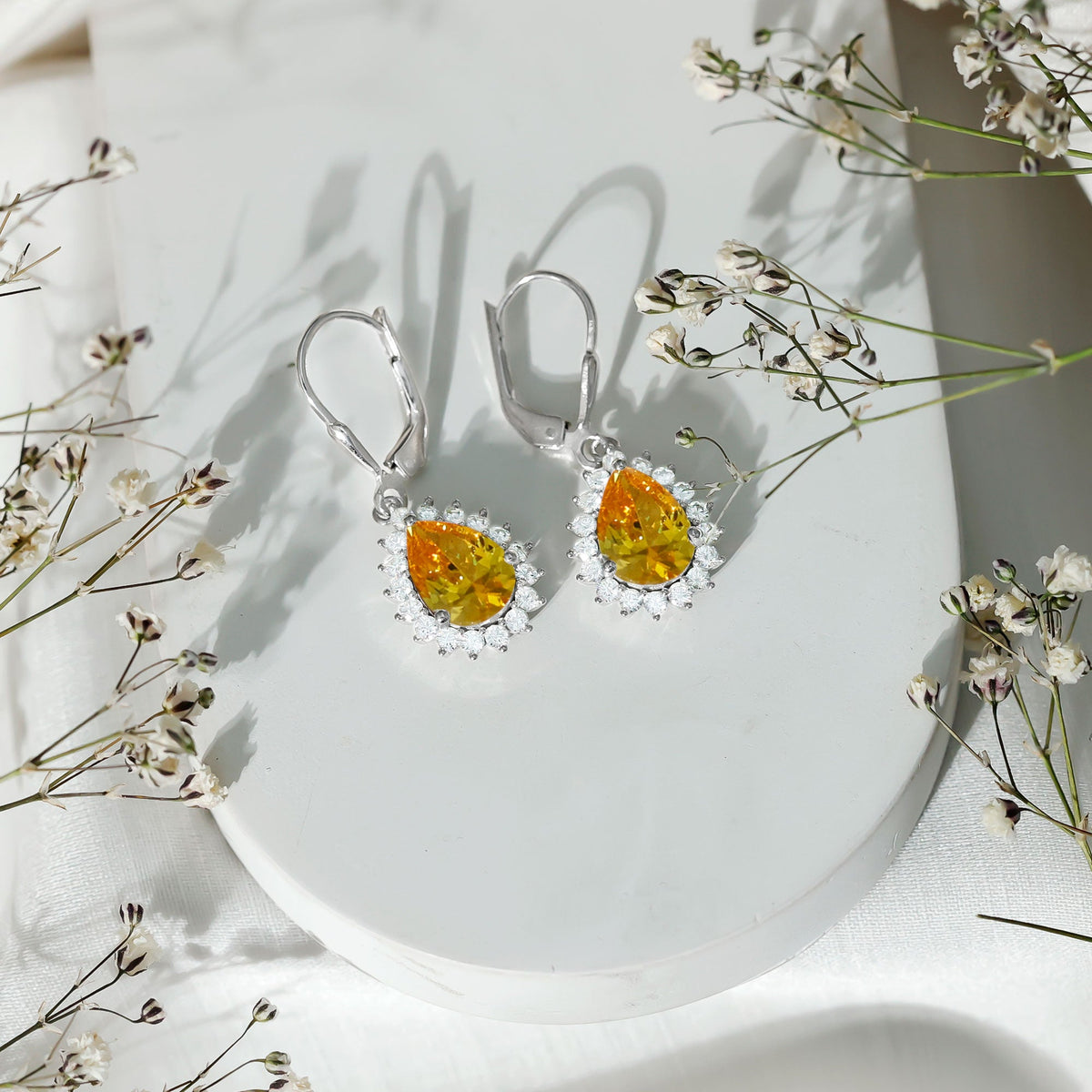 5 Carat Lab Grown Yellow Sapphire Dangle Earrings for Women with Leverbacks