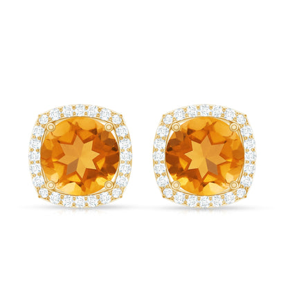 Genuine 2.4 Carat Round Citrine Stud Earrings with Diamond Halo