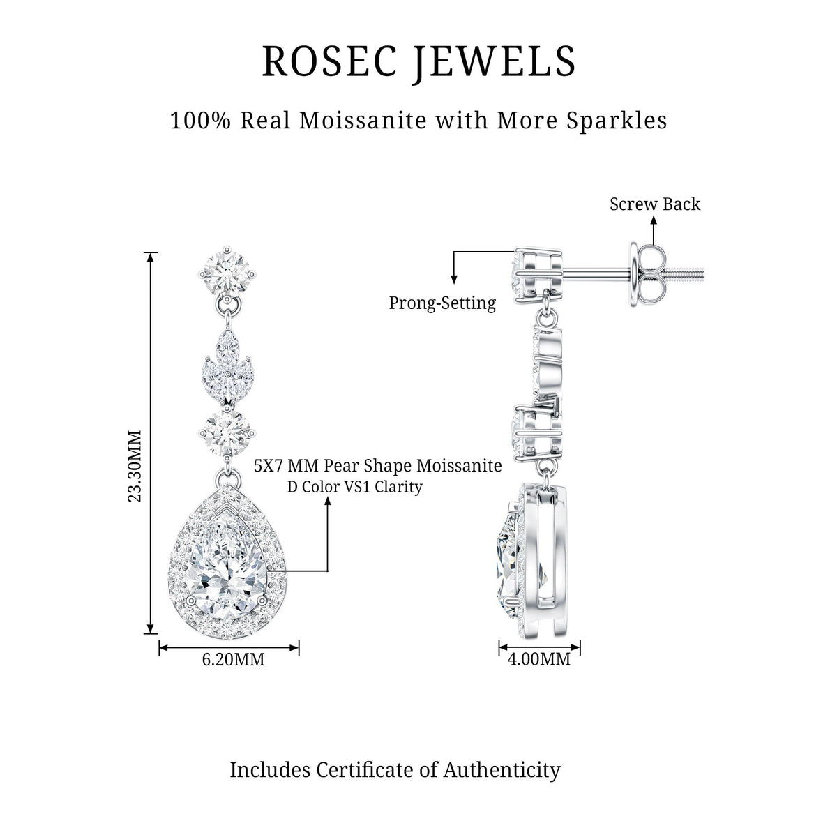 Certified Moissanite Wedding Dangling Earrings in Silver