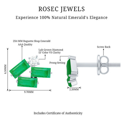 Baguette Cut Emerald and Diamond Cluster Stud Earrings