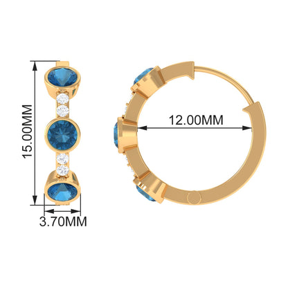 Certified London Blue Topaz and Diamond Hinged Hoop Earrings