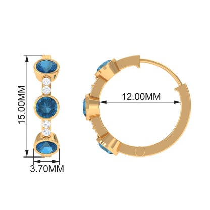 Certified London Blue Topaz and Diamond Hinged Hoop Earrings