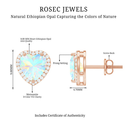 Natural Ethiopian Opal Heart Stud Earrings with Halo