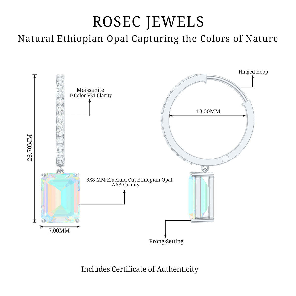 Genuine Emerald Cut Ethiopian Opal Drop Hoop Earrings