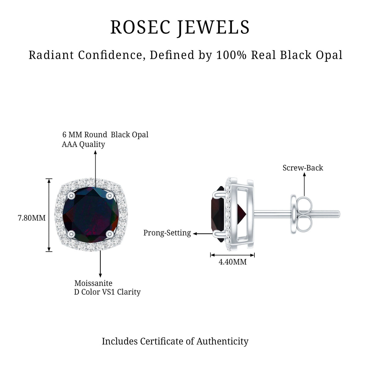 Round Shape Black Opal Stud Earrings with Moissanite Halo