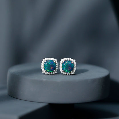 Round Shape Black Opal Stud Earrings with Moissanite Halo