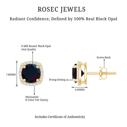 Round Shape Black Opal Stud Earrings with Moissanite Halo