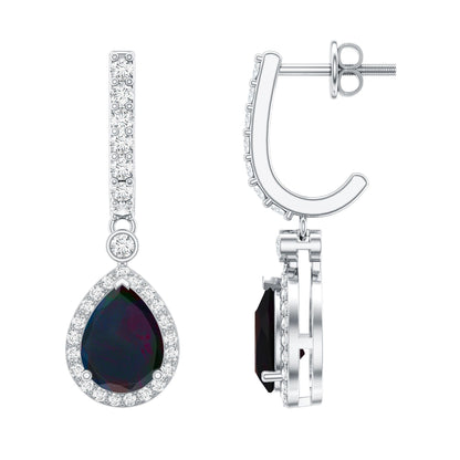 Natural 2 Carat Black Opal Teardrop Earrings with Moissanite