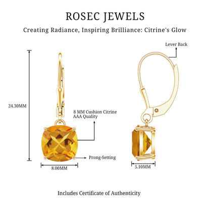 4.4 Carat Cushion Cut Citrine Solitaire Drop Earrings