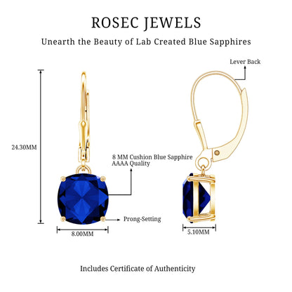 Cushion Cut Lab Grown Blue Sapphire Drop Hoop Earrings