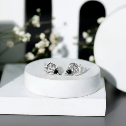 Heart Shape Lab Grown Black and White Diamond Cat Stud Earrings