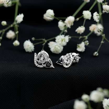 Heart Shape Lab Grown Black and White Diamond Cat Stud Earrings