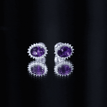 Classic Oval Amethyst Stud Earrings with Moissanite Halo