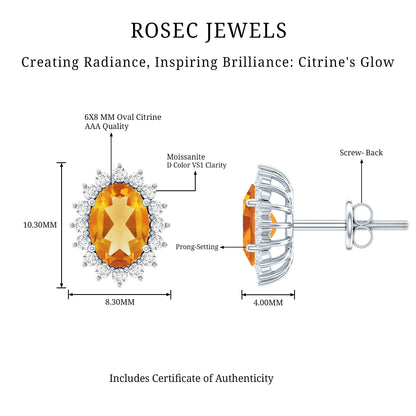 Oval Shaped 2.2 Carat Citrine Stud Earrings with Halo