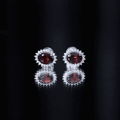 Sterling Silver 3 Carat Oval Garnet Stud Earrings with Moissanite Halo