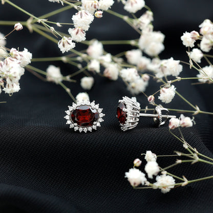 3 Carat Garnet Oval Stud Earrings with Moissanite Halo