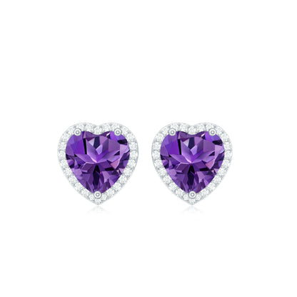 Certified Real Heart Shape Amethyst Stud Earrings with Diamond Halo
