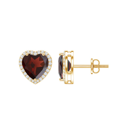 8 CT Heart Shape Garnet Stud Earrings with Diamond Halo