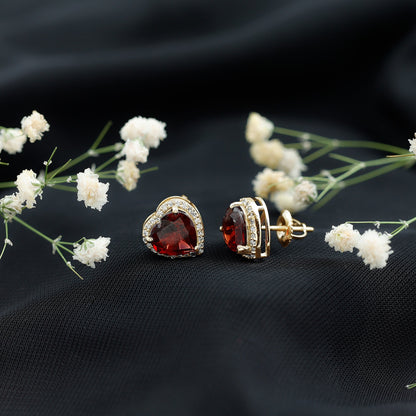 8 CT Heart Shape Garnet Stud Earrings with Diamond Halo