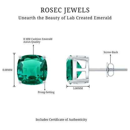 4.2 Carat Cushion Cut Created Emerald Solitaire Stud Earring