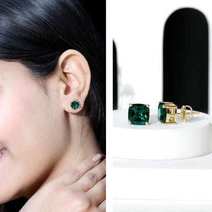 4.2 Carat Cushion Cut Created Emerald Solitaire Stud Earring