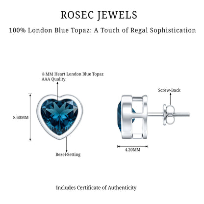 Real 4 Carat London Blue Topaz Heart Stud Earrings for Women