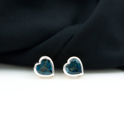 Real 4 Carat London Blue Topaz Heart Stud Earrings for Women