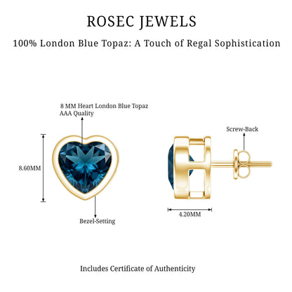 Real 4 Carat London Blue Topaz Heart Stud Earrings for Women
