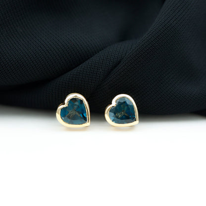 Real 4 Carat London Blue Topaz Heart Stud Earrings for Women