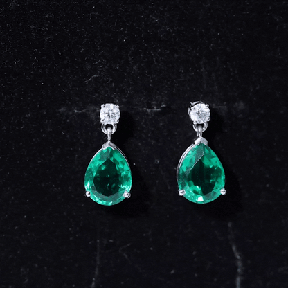 3.4 Carat Pear Cut Lab Created Emerald and Diamond Teardrop Earrings