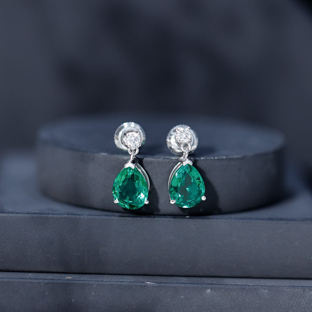 3.4 Carat Pear Cut Lab Created Emerald and Diamond Teardrop Earrings