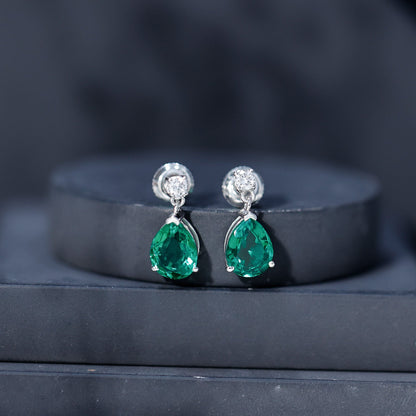 3.4 Carat Pear Cut Lab Created Emerald and Diamond Teardrop Earrings