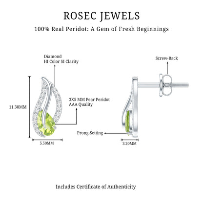Natural Peridot Leaf Earrings with Diamond for Women