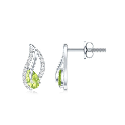 Natural Peridot Leaf Earrings with Diamond for Women