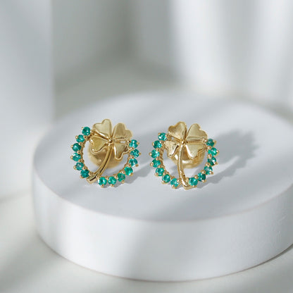 Genuine Emerald Clover Stud Earrings for Women