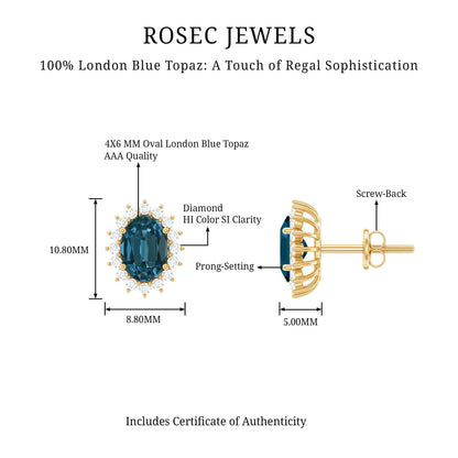 0.8 Carat Oval Cut London Blue Topaz and Diamond Halo Stud Earrings