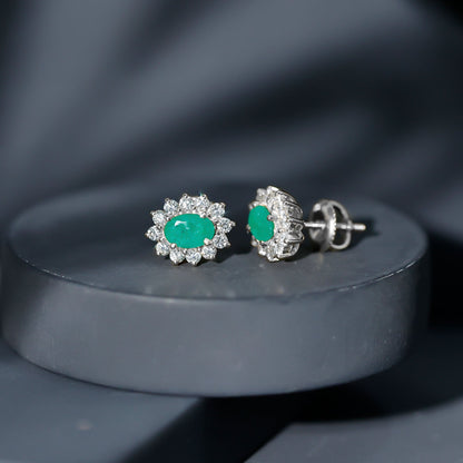 Natural 0.8 Carat Oval Cut Emerald and Diamond Earrings