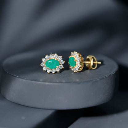 Natural 0.8 Carat Oval Cut Emerald and Diamond Earrings