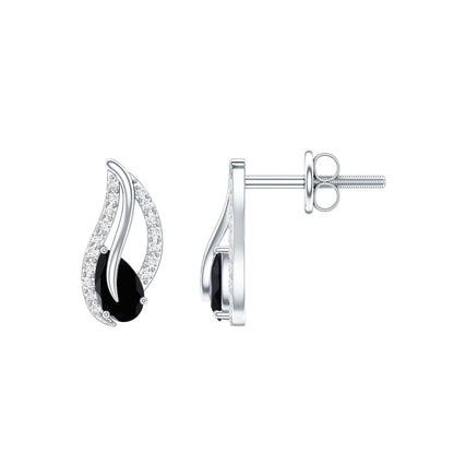 Pear Shape Black Spinel and Diamond Leaf Stud Earrings